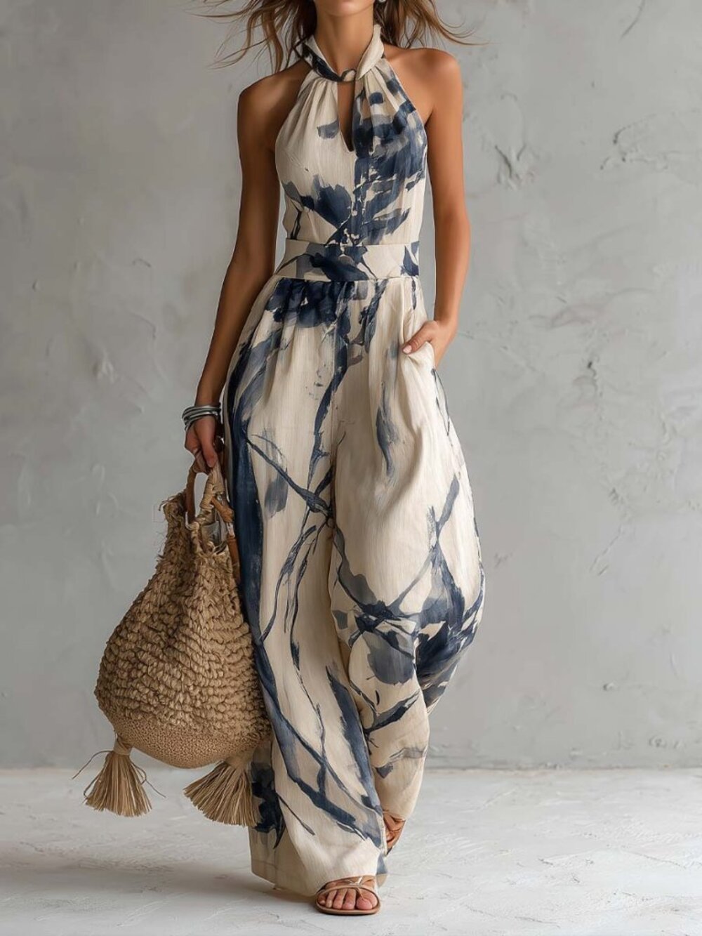 Size 2XL - Wide-Leg Jumpsuit with Halter Neck and Cut-Out - Pierre & Nicole